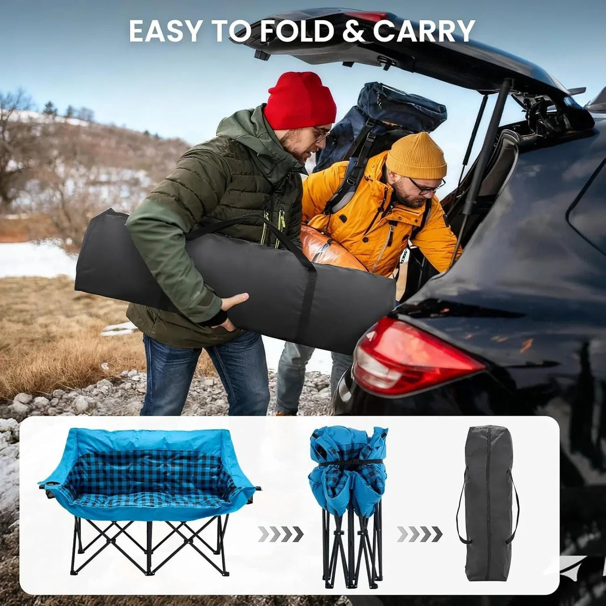 Slsy Double Camping Chair, Extra Padded Loveseat for 3 Prson Heavy Duty Folding Loveseat with Cup Holders for Camping, Fishing, or Hunting