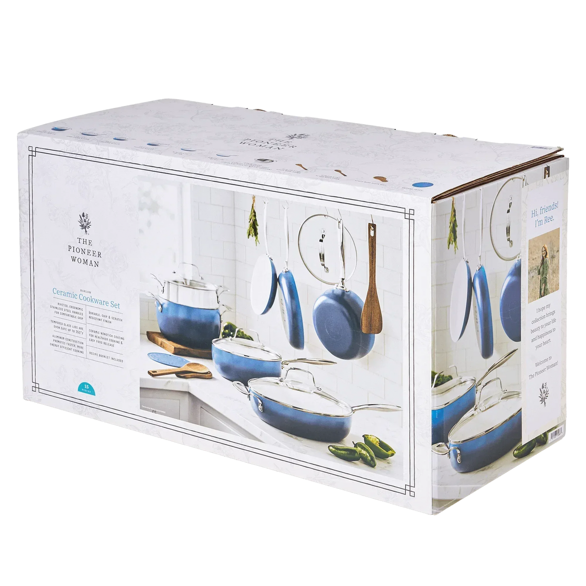 The Pioneer Woman Harlow 15-Piece Cookware Set, Ceramic Non-Stick Pots and Pans Set, Denim Blue