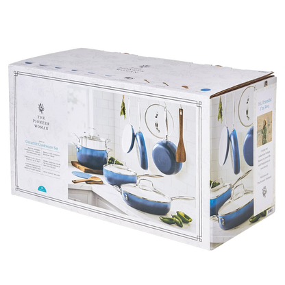 The Pioneer Woman Harlow 15-Piece Cookware Set, Ceramic Non-Stick Pots and Pans Set, Denim Blue
