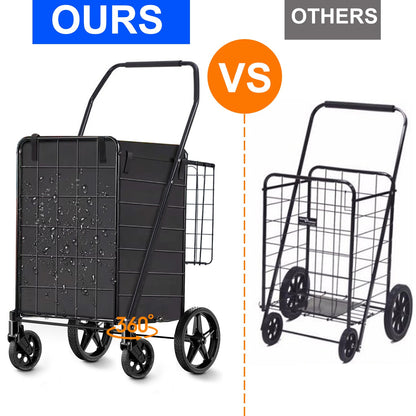 Camkey Folding Shopping Cart, Utility Trolley Grocery Cart with Removable Basket and Swivel Wheel, Black