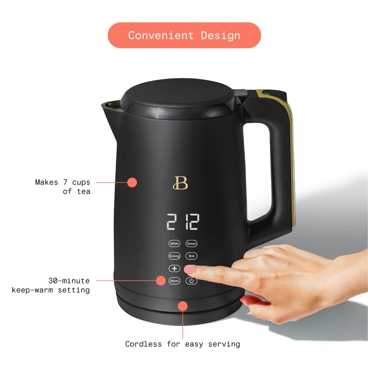 Beautiful 1.7-Liter Electric Kettle 1500 W with One-Touch Activation, sesame black by Drew Barrymore