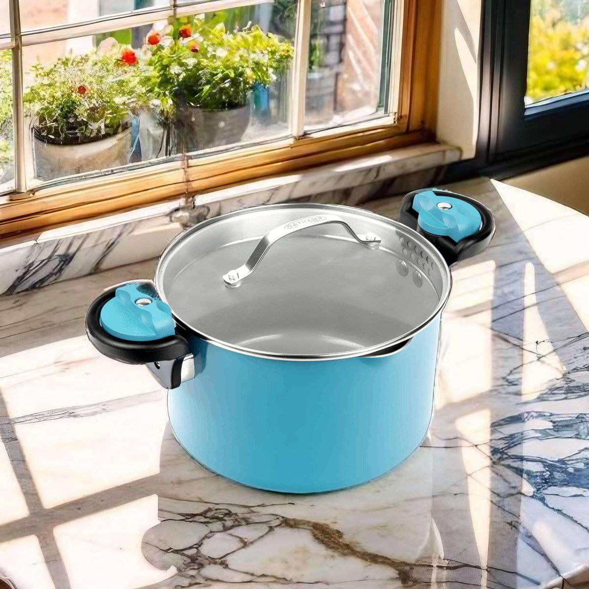 Gotham Steel 5 Qt Nonstick Pasta Pot with Strainer Lid & Twist and Lock Handles, Multipurpose Stock Pot, Dishwasher Safe, Aqua Blue