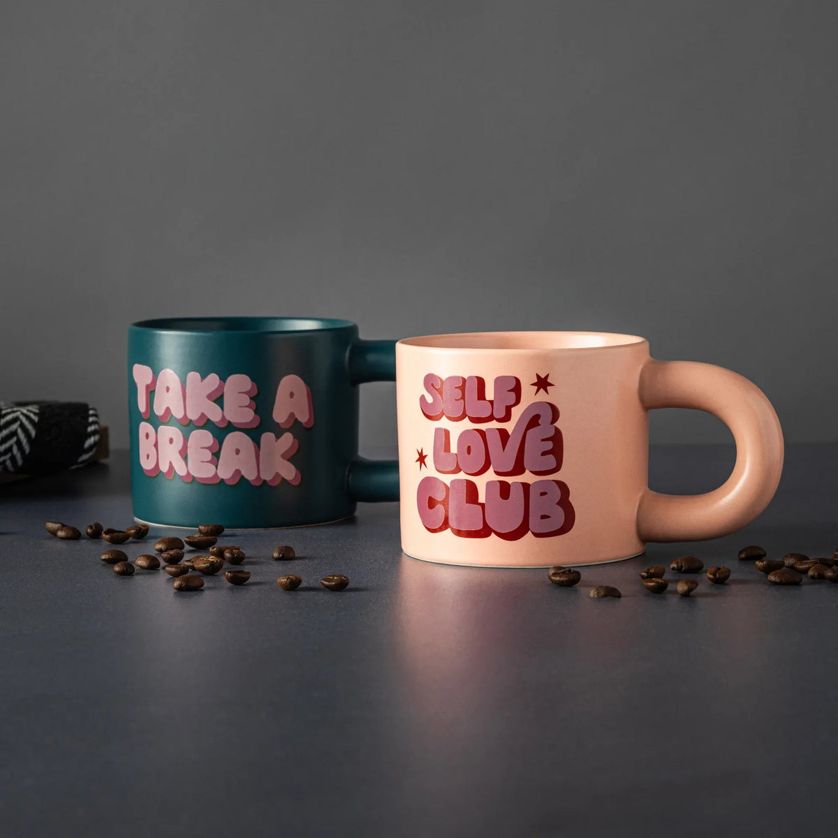 Thyme & Table 2 Pack Take a Break Green and Self Love Pink Mugs 11.08 fl oz, Stoneware