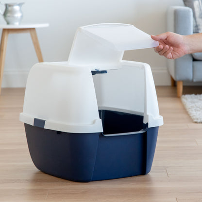 IRIS Large Covered Cat Litter Box with Front Door Flap | Enclosed Design & Handle Navy/White