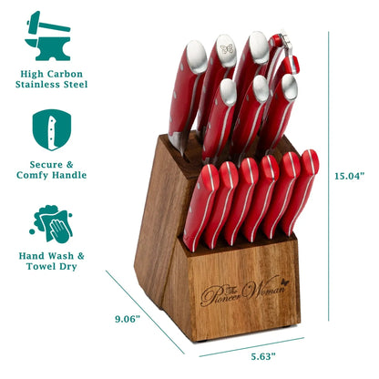 The Pioneer Woman Pioneer Signature 14-Piece Stainless Steel Knife Block Set, Red