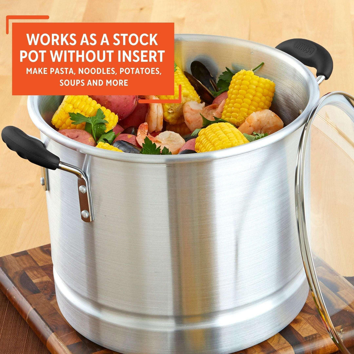 Imusa 10Qt Aluminum Steamer or Stock Pot with Glass Lid & Removable Rack