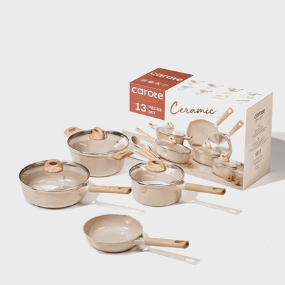 Carote Ceramic Nonstick Pots and Pans Set, 13 Pieces Non-Toxic Kitchen Cookware Sets Compatible for All Stoves, Taupe