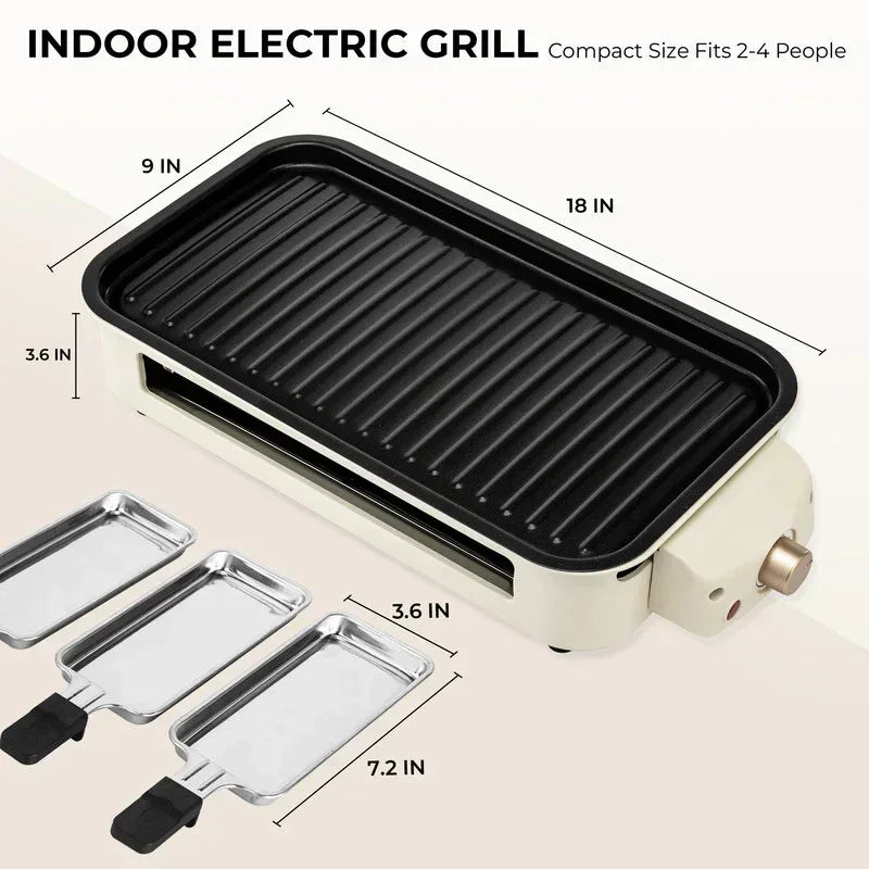 Electric Smokeless Indoor Grill – Non-Stick Raclette BBQ with 3 Mini Pans, Perfect for Grilling, Roasting & Frying, Easy to Clean, 1500W (Beige)