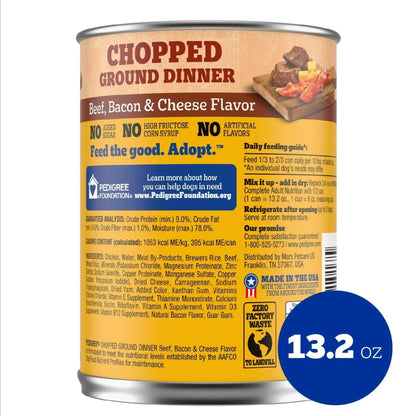 Pedigree Chopped Ground Dinner Beef Bacon & Cheese Flavor Adult Wet Dog Food, (12) 13.2 oz Cans