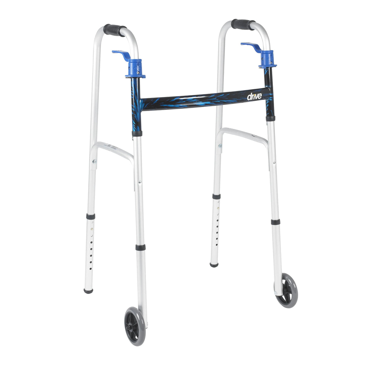 drive Aluminum Flame Blue Dual Trigger Release Folding Walker with Wheels Adjustable Height up to 350 lbs 32 to 39" H