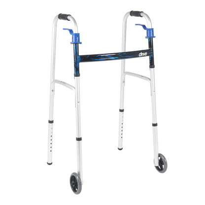 drive Aluminum Flame Blue Dual Trigger Release Folding Walker with Wheels Adjustable Height up to 350 lbs 32 to 39" H