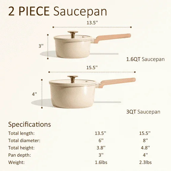 Carote 1.6QT & 3QT Ceramic Nonstick Saucepan Set with Lids, Small Cooking Pot, Induction Compatible, Oatmeal