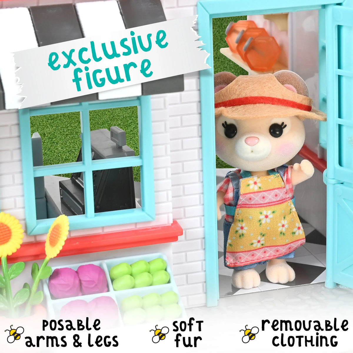 Honey Bee Acres The Buzz General Store - Complete Dollhouse Playset with Miniature Doll Figure, 56 Pieces, Children Ages 3+