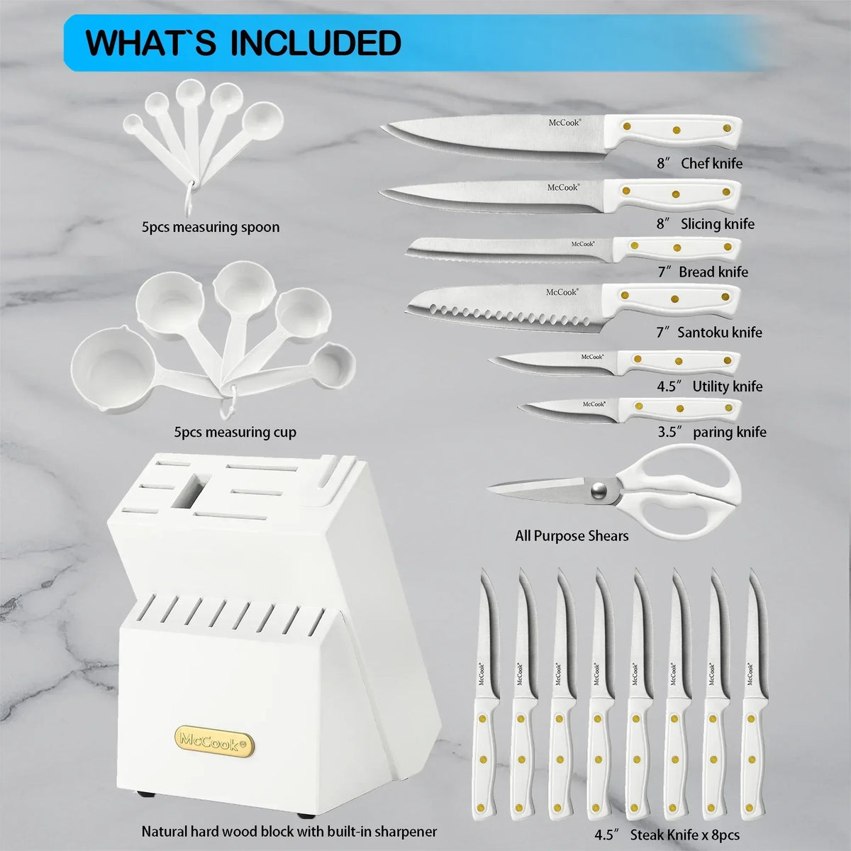 McCook DISHWASHER SAFE MC701 Knife Sets of 26, Stainless Steel Kitchen Knives Block Set with Built-in Knife Sharpener, Measuring Cups and Spoons