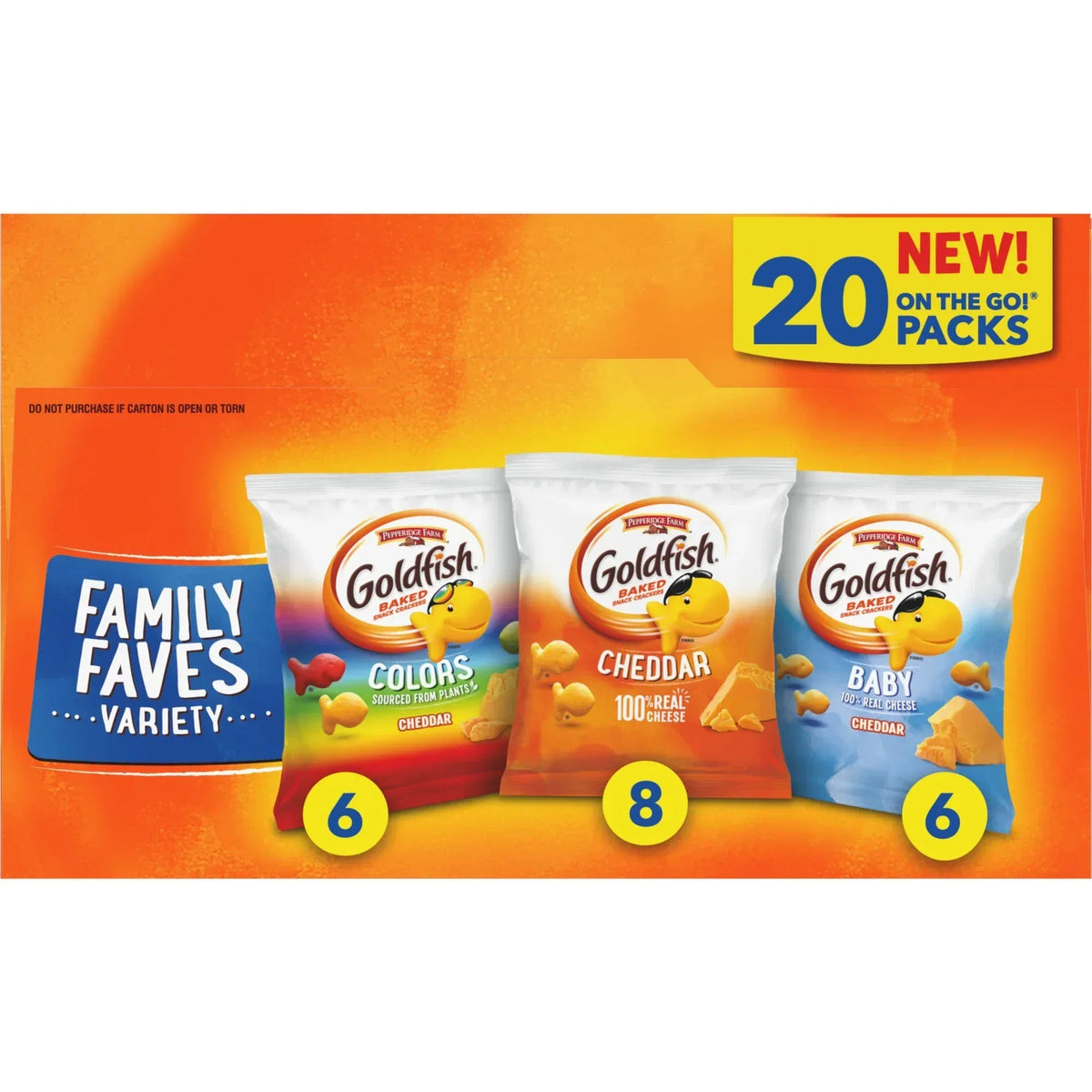 Goldfish Family Faves Crackers, Cheddar, Colors and Baby Crackers Snack Pack, 0.9 oz, 20-Count Variety Pack Box