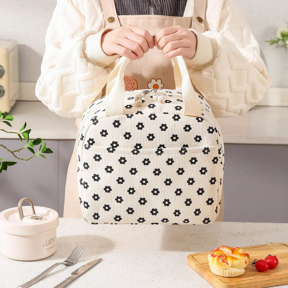 Cute Corduroy Lunch Bag for Women Men, Insulated Lunch Box Tote Bag Reusable Leakproof Bento Cooler Bag for Work Picnic Travel (Black Floral Beige)
