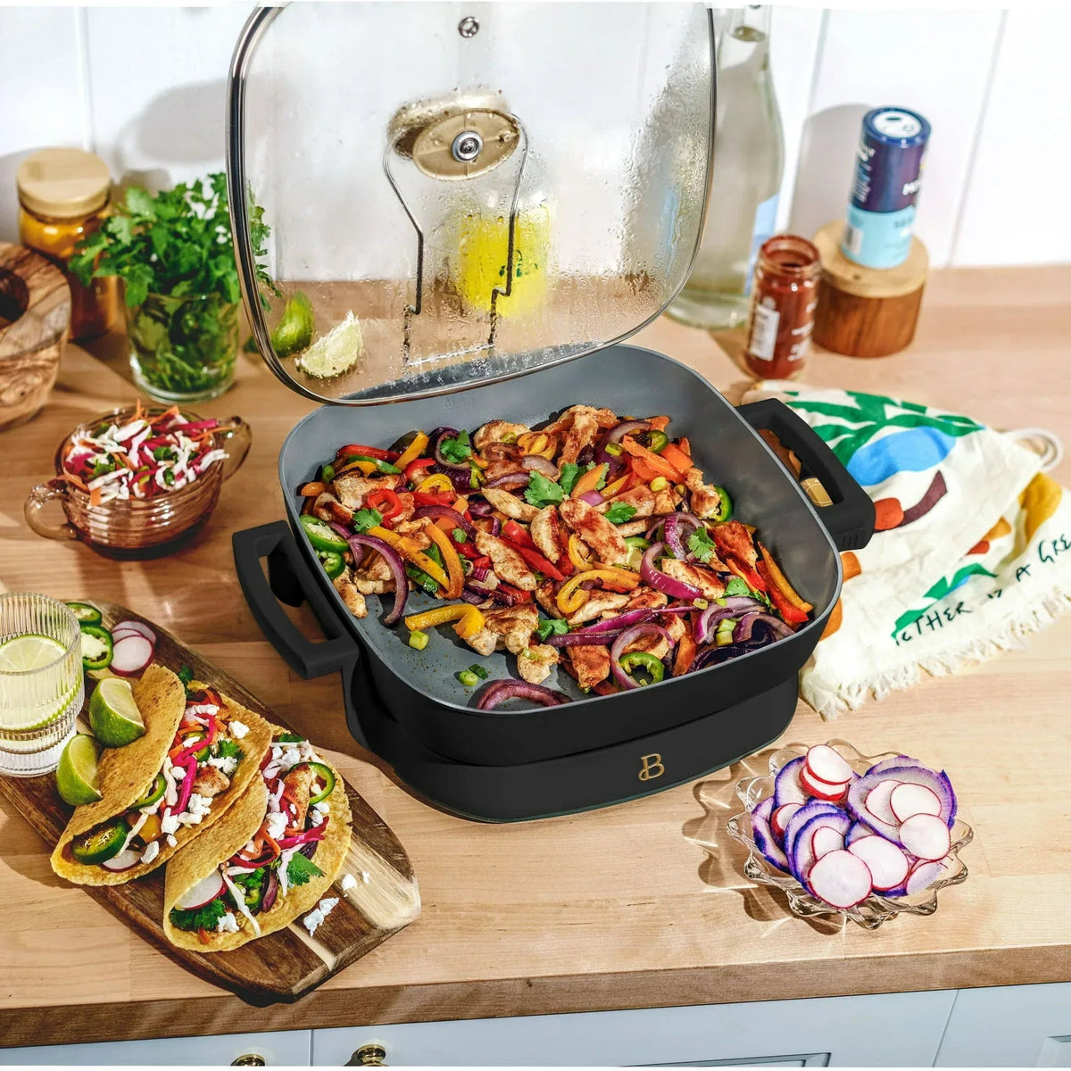 Beautiful 5 in 1 Electric Skillet - Expandable up to 7 Qt with Glass Lid, Black Sesame by Drew Barrymore