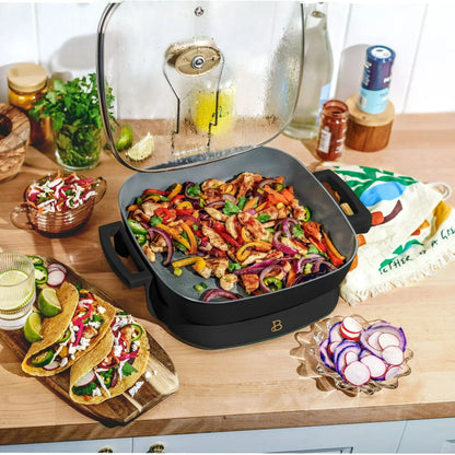 Beautiful 5 in 1 Electric Skillet - Expandable up to 7 Qt with Glass Lid, Black Sesame by Drew Barrymore