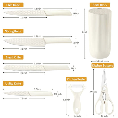 Joyfair Kitchen Knife Set, 7 Pcs Stainless Steel White Knives Block Set for Chef, Super Sharp Professional Knife Set with Universal Knife Block for Home Restaurant, Non-Stick & Anti-Rust