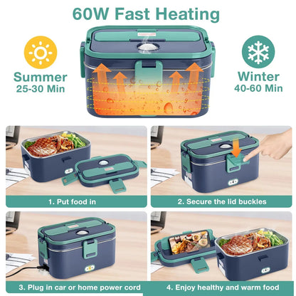 Livhil Electric Lunch Box Food Heater, Portable Food Warmer, Hot Lunch Warmer Heated Lunch Box for Adults, 60W 1.8L 12V-24V 110V Stainless Steel Container Portable Food Heater (Green+Royal Blue)