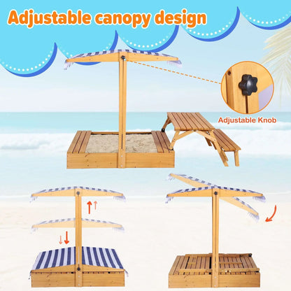 Haverchai Kid Sandbox with Lid, Outdoor Wooden Sand Boxes with Kids Picnic Table, Sandpit with Cover Canopy, Toddler Outdoor Playhouse with 2 Bench, Adjustable Roof & Bottom Liner for Backyard, Beach