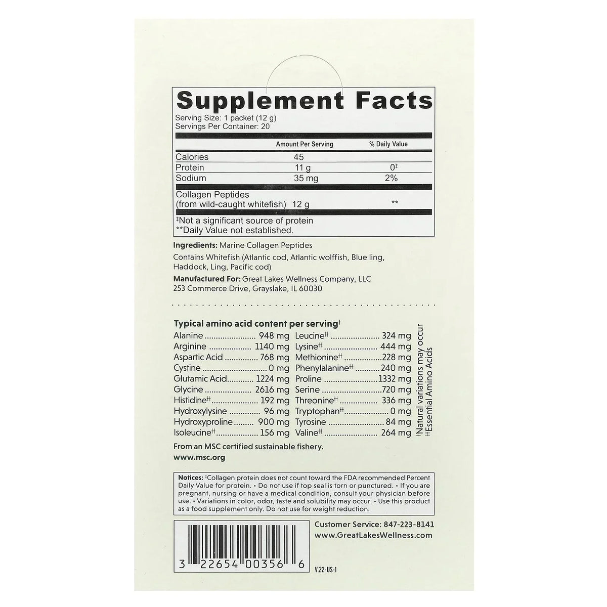 Great Lakes Wellness Sustainable Marine Collagen Peptides Powder for Skin, Hair, Nails, Joints & Digestion - Unflavored - Quick Dissolve Hydrolyzed, Wild Caught, MSC Certified, Non-GMO, Kosher - 16 oz
