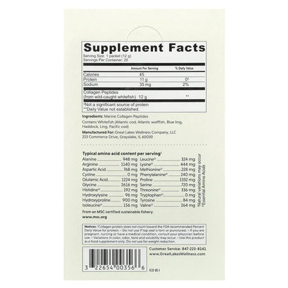 Great Lakes Wellness Sustainable Marine Collagen Peptides Powder for Skin, Hair, Nails, Joints & Digestion - Unflavored - Quick Dissolve Hydrolyzed, Wild Caught, MSC Certified, Non-GMO, Kosher - 16 oz