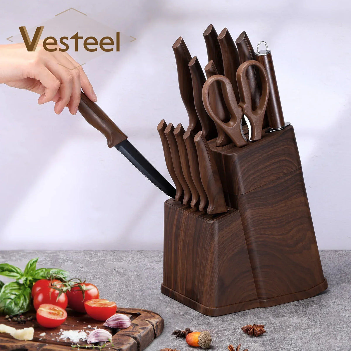 Vesteel Knife Set for Kitchen with Block, 15 Pcs High Carbon Stainless Steel Kitchen Knife Set with Self Sharpening