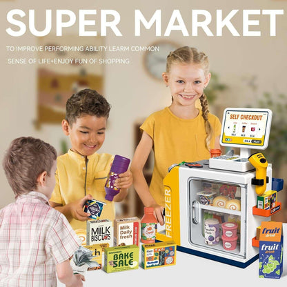 Adofi 46PCS Cash Register for Kids, Kids Pretend Play Toys with Scanner, Shopping Cart, Calculator, Play Food, Toddler Toys for Boys Girls, Toys for Girls 3 6 Years, Kids Toys Cash Register-Yellow
