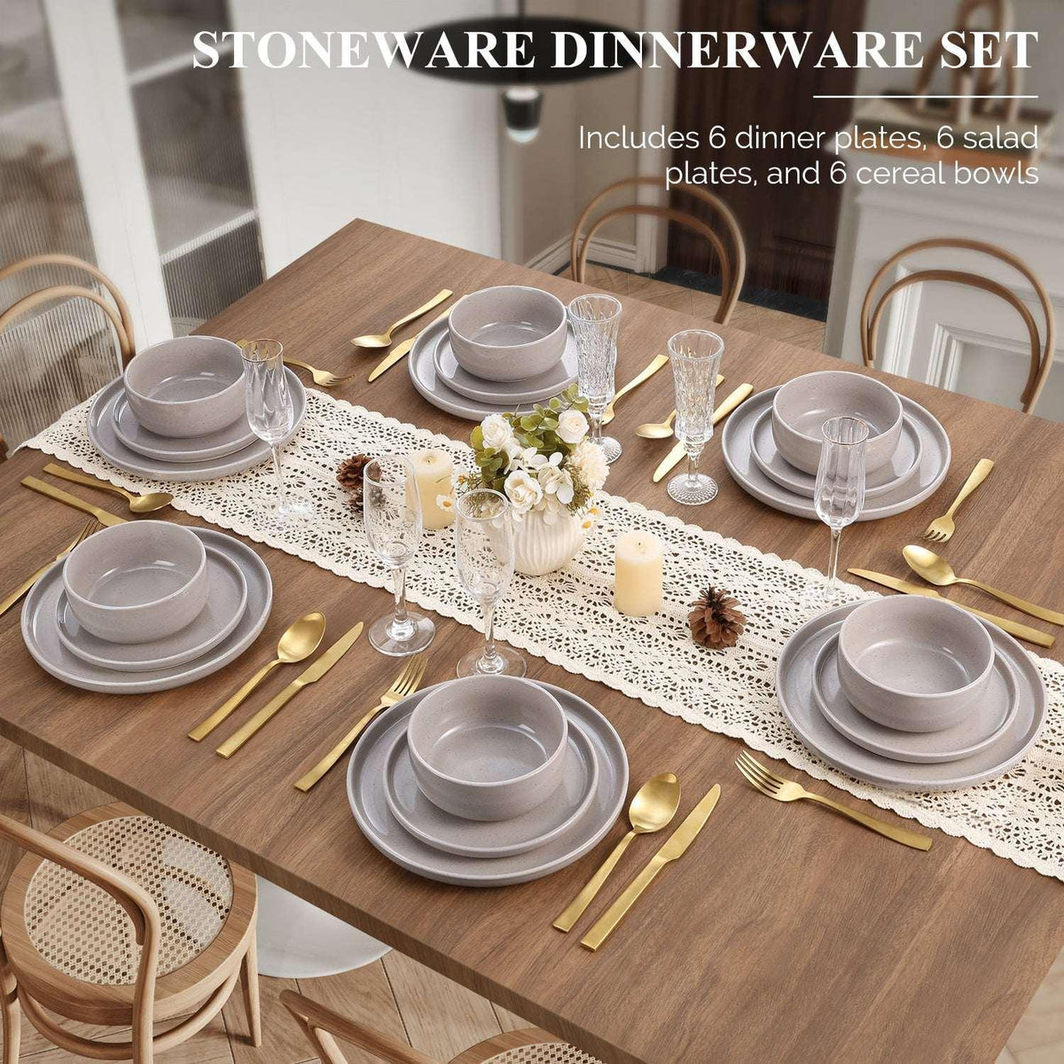 Vesteel 18-Piece Dinnerware Set, Ceramic Plates and Bowls Set for 6, Speckled Stoneware Dishes Set for Family, Microwave & Dishwasher Safe - Cappuccino Brown