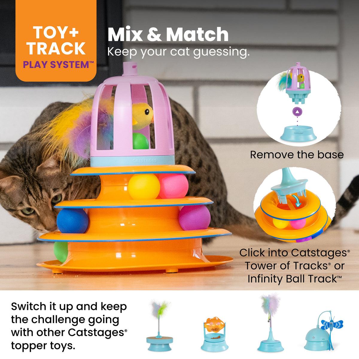 Catstages 2-in-1 Chirping Bird Interactive Cat Toy – Touch-Activated Toy with Sound and Ball Track Fun, Standalone Toy or Track Add-On, Purple