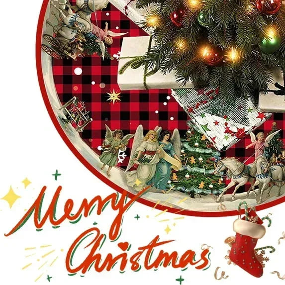 Christmas Tree Skirt, New Year Xmas Deco, 48 Inches Large Christmas Tree Skirts Snowflake Red and Black Plaid Stamp for Christmas Tree Decorations