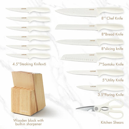 Carote 15-Piece Premium Kitchen Knife Set, Ceramic-Coated Blades with Stylish Wooden Block