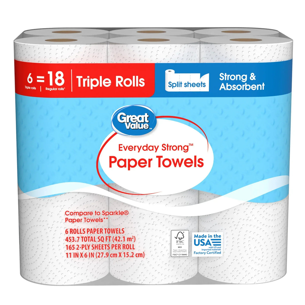 Great Value Everyday Strong Paper Towels, 6 Triple Rolls, Split Sheets
