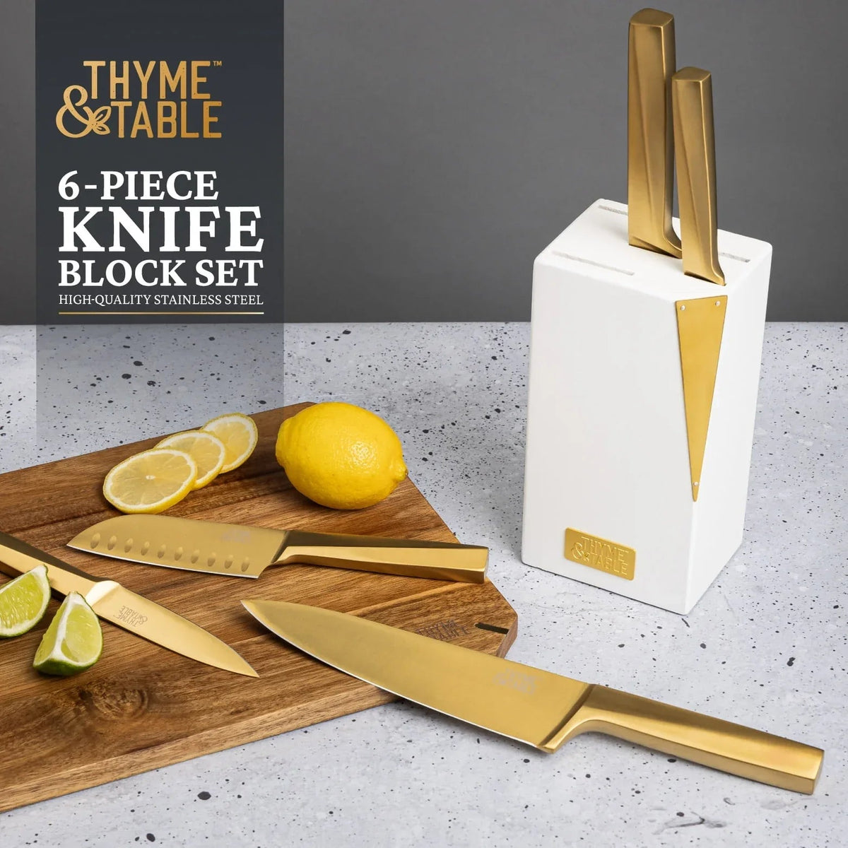Thyme & Table 6-Piece Slim Acacia Knife Block Set with Gold Blades and White Accent Block