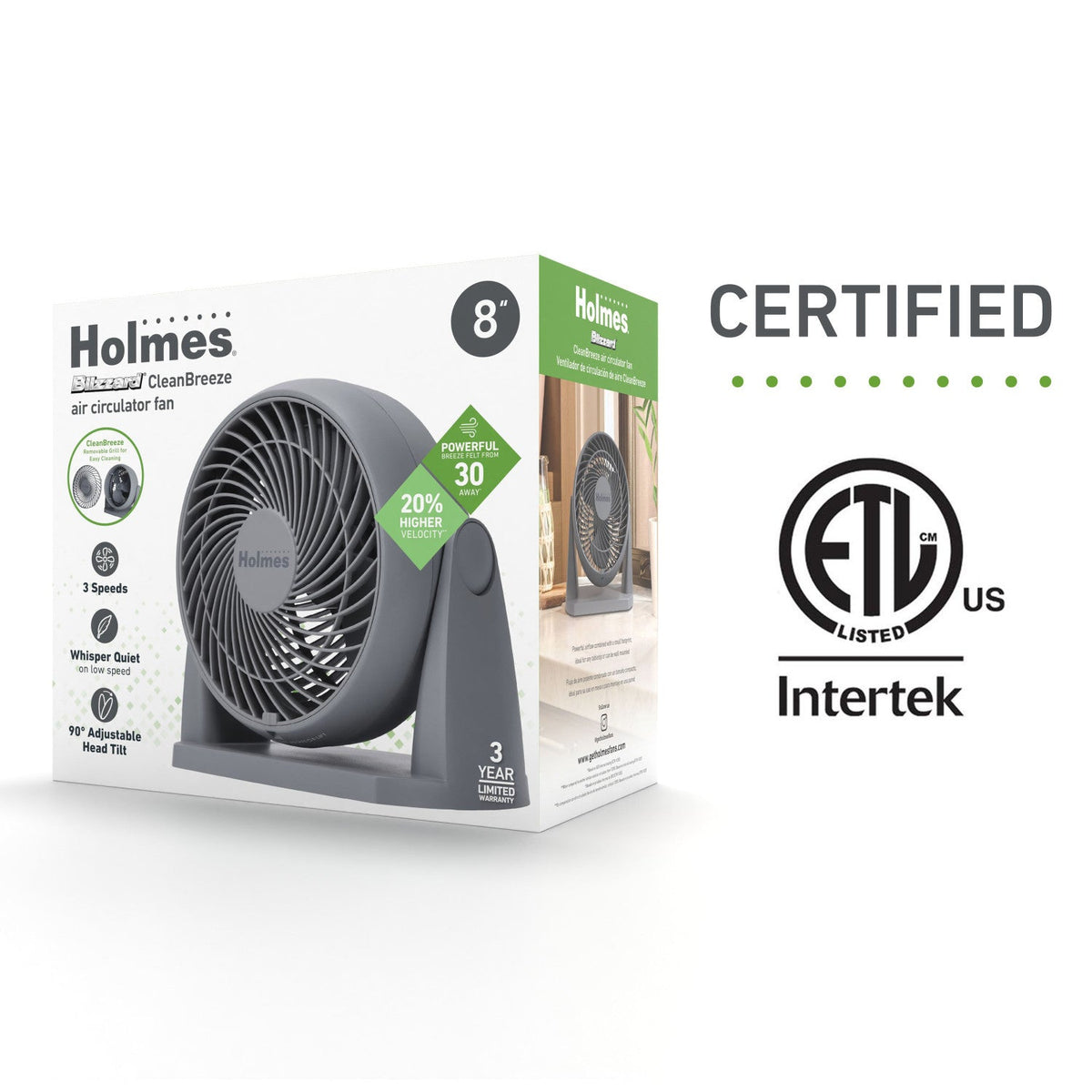 Holmes Blizzard 3-Speed Air Circulator Fan, 90° Adjustable Tilt, Removable Grill, Gray