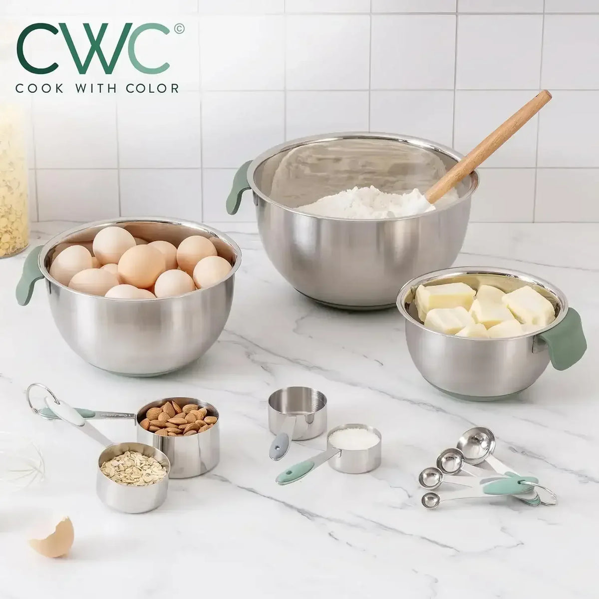 COOK WITH COLOR Stainless Steel Mixing Bowls Set and Measuring Cups- Nesting Bowls with Non-Slip Bottom and Easy-Grip Handles, 11 Pieces