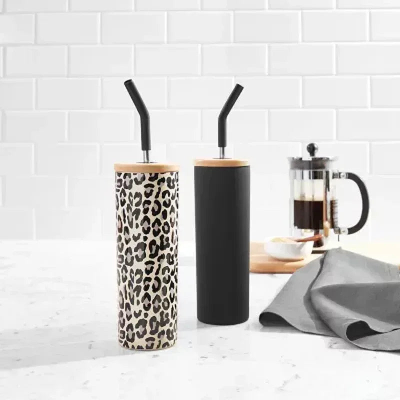 Member'S Mark 24-Oz Stainless Steel Insulated Tumblers with Wood Lids and Stainless Steel Straws, Assorted Colors (2 Pk.)
