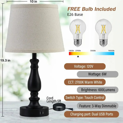 NATYSWAN Lamps for Bedrooms Set of 2, Brushed Nickel Bedside Lamps with USB Ports, 3 Way Dimmable Nightstand Lamps , Touch Table Lamp for Living Room Bedroom Office, Bulbs Included