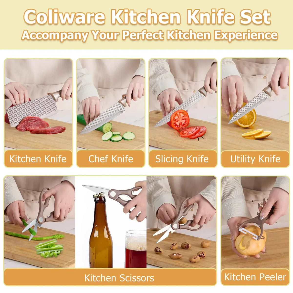 Joyfair Kitchen Knife Set, 7 Pcs Stainless Steel White Knives Block Set for Chef, Super Sharp Professional Knife Set with Universal Knife Block for Home Restaurant, Non-Stick & Anti-Rust