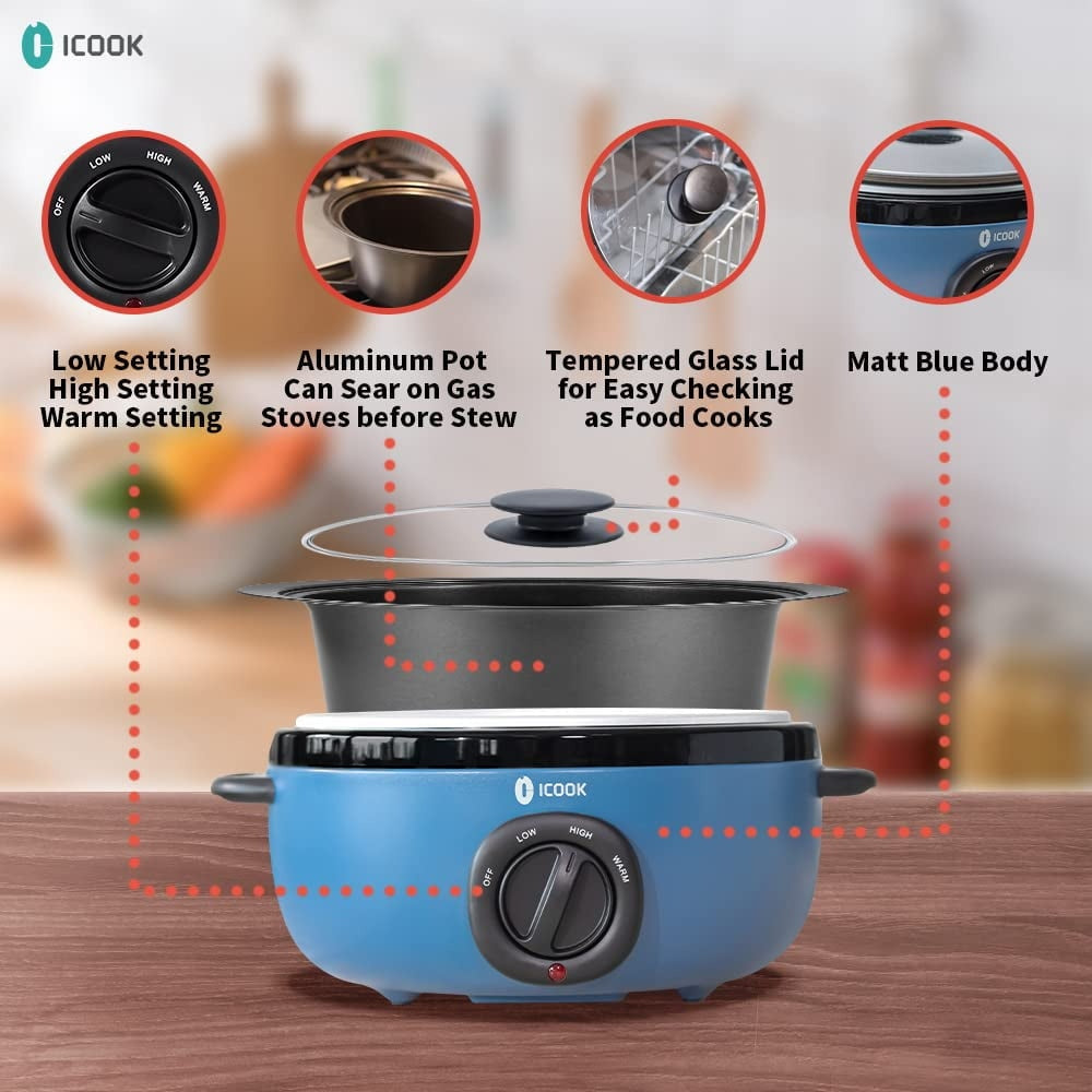 6.5 Quart Slow Cooker, Aluminium Sear/Sauté Stew Pot Stovetop Safe, Dishwasher Safe, Glass Lid, Adjustable Temp, Food Warmer (Blue)