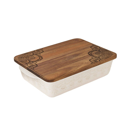 The Pioneer Woman 9" x 13" Vintage Lace Ceramic Casserole Baking Dish with Wood Lid, Linen