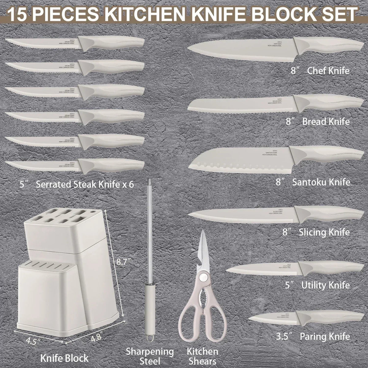 Walchoice 15 Pieces Knife Set with Block, High Carbon Stainless Steel Kitchen Knife Set with Sharpener, Rust Resistant & Dishwasher Safe