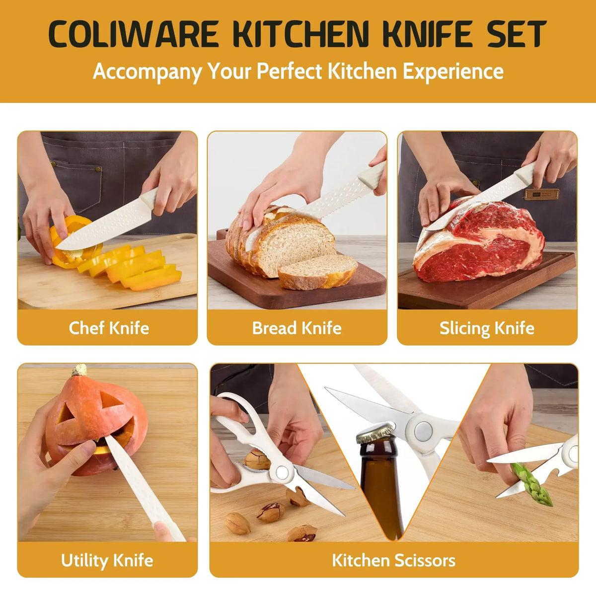 Joyfair Kitchen Knife Set, 7 Pcs Stainless Steel White Knives Block Set for Chef, Super Sharp Professional Knife Set with Universal Knife Block for Home Restaurant, Non-Stick & Anti-Rust