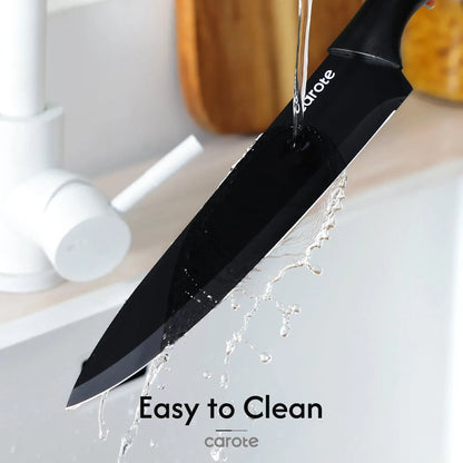 Carote 15-Piece Premium Kitchen Knife Set, Black Ceramic-Coated Blades with Stylish Wooden Block