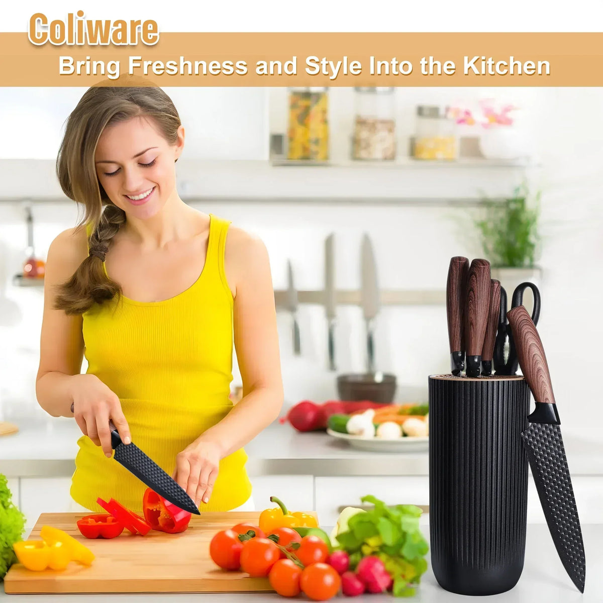 Joyfair Kitchen Knife Set, 7 Pcs Stainless Steel White Knives Block Set for Chef, Super Sharp Professional Knife Set with Universal Knife Block for Home Restaurant, Non-Stick & Anti-Rust