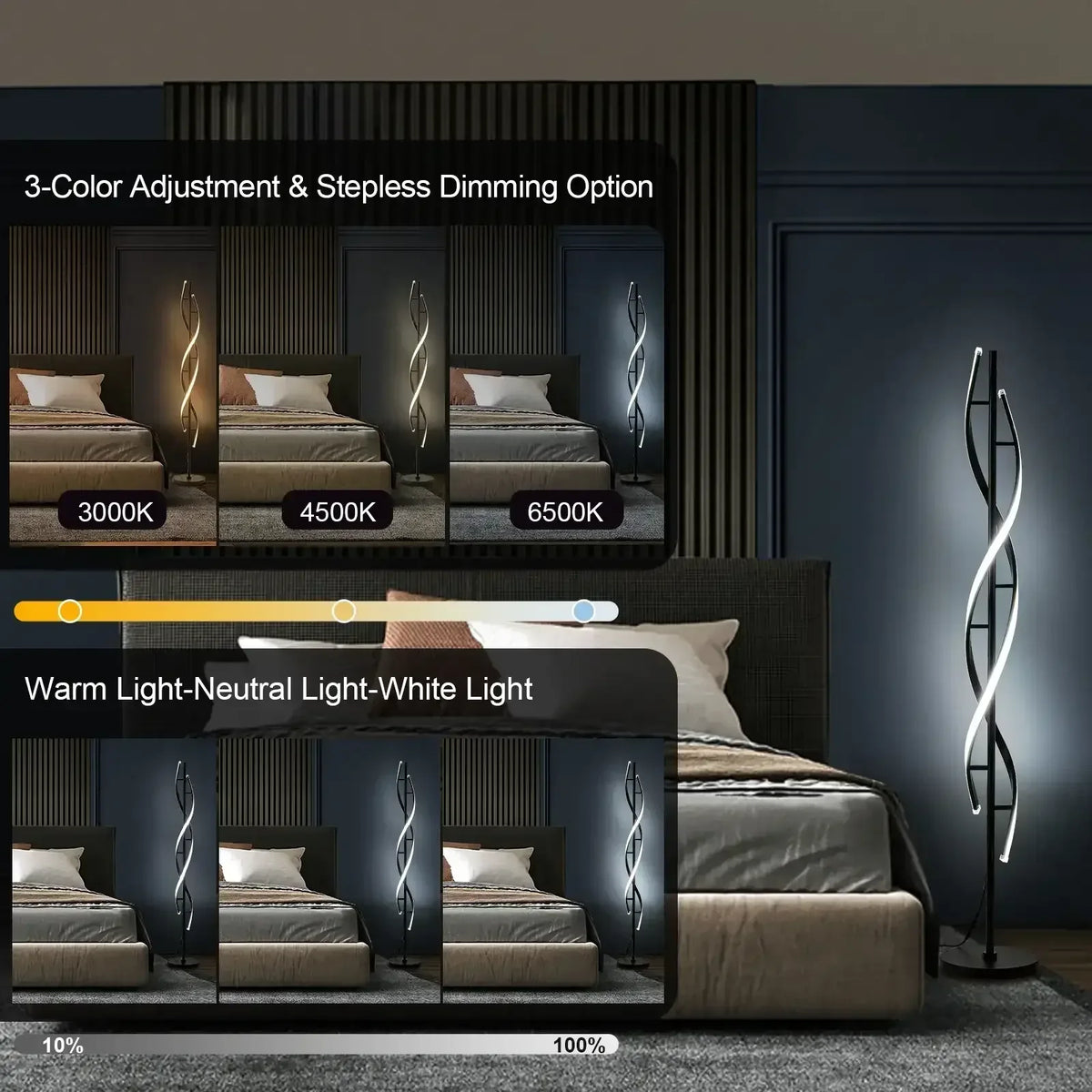 LED Spiral Floor Lamp 60 Inch Modern Floor Lamps Dimmable Black Standing Lamp 34W Contemporary Floor Lamps for Living Room Bedroom Kitchen Office