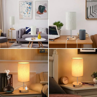 2PCS Small Touch Control Table Lamps for Bedroom, 3 Way Dimmable Bedside Lamp with USB C+A Fast Charging Ports, Nightstand Lamp for Office, Living Room, Reading, Bulbs Included, Wood