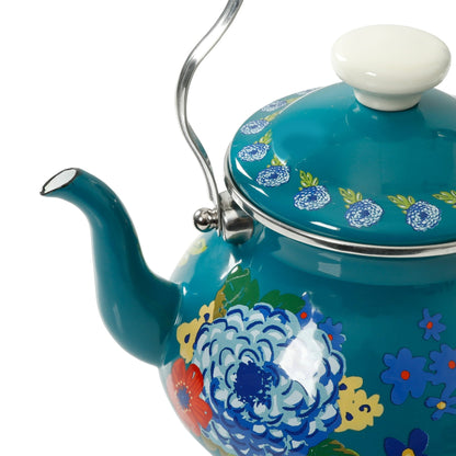 The Pioneer Woman Dazzling Dahlias Enamel on Steel 2 Quart Tea Kettle, Teal