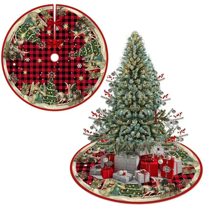 Christmas Tree Skirt, New Year Xmas Deco, 48 Inches Large Christmas Tree Skirts Snowflake Red and Black Plaid Stamp for Christmas Tree Decorations
